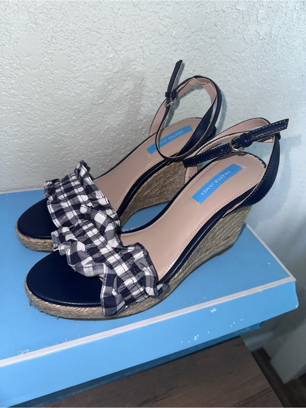 Draper James Navy Espadrille Wedge Sandals with Navy & White Gingham Ruffle